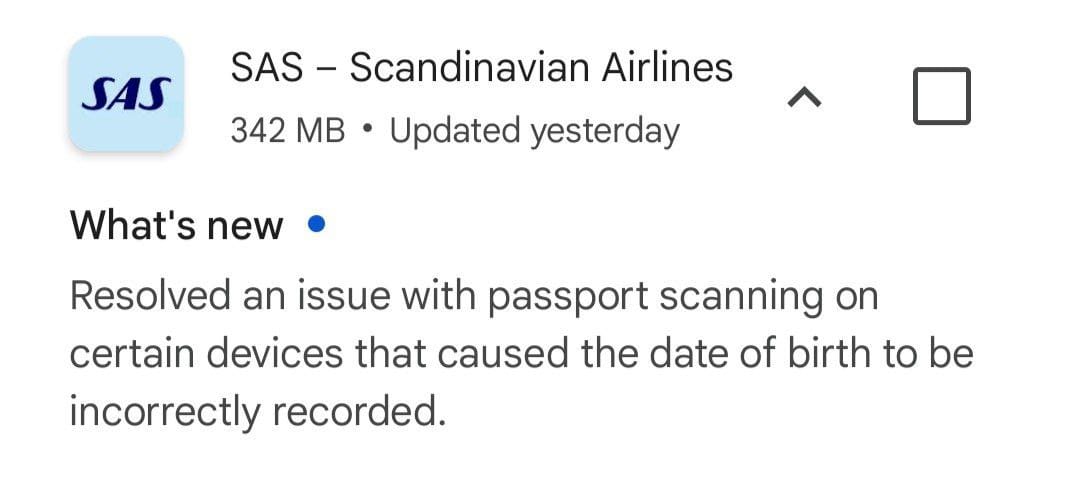 Screenshot from Google Play with the release notes for the SAS application. The "What's new" text says: Resolved an issue with passport scanning on certain devices that cause the date of birth to be incorrectly recorded."