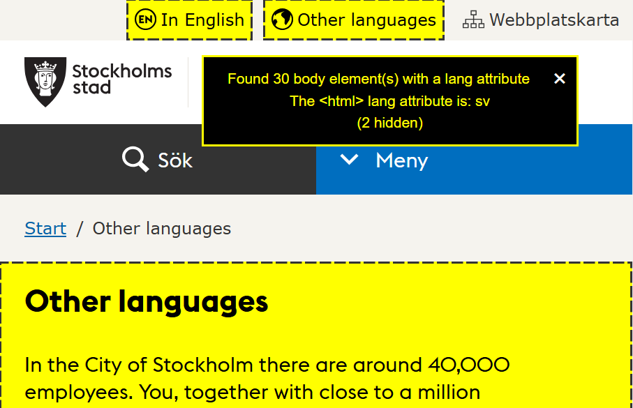 A screenshot from stockholm.se after running the bookmarklet. Three areas of the page are visibly highlighted to show they have lang attributes. There is a summary panel saying how many lang attributes have been found as well as how many of them are hidden and the main language of the page.