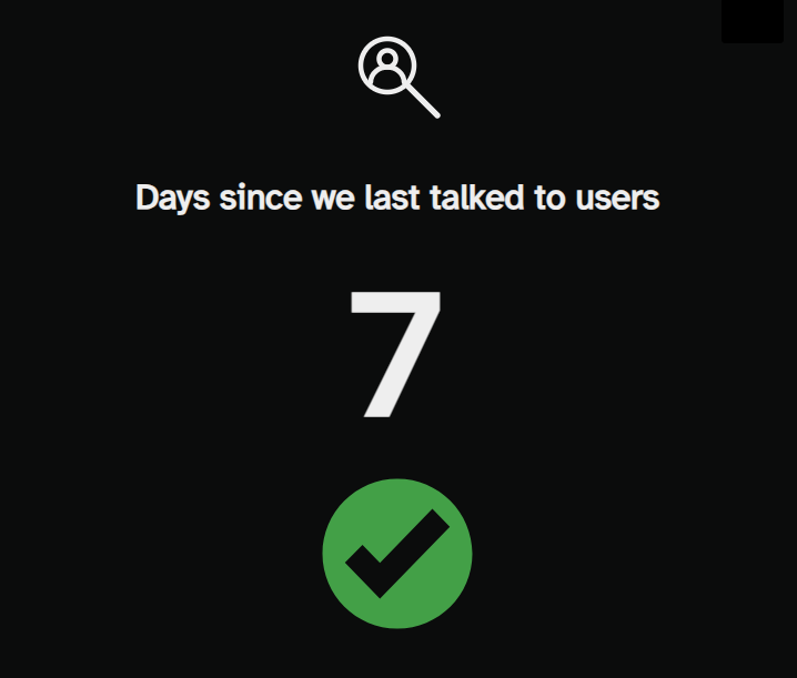 Days since we last talked to users: 7. This is within the goal.
