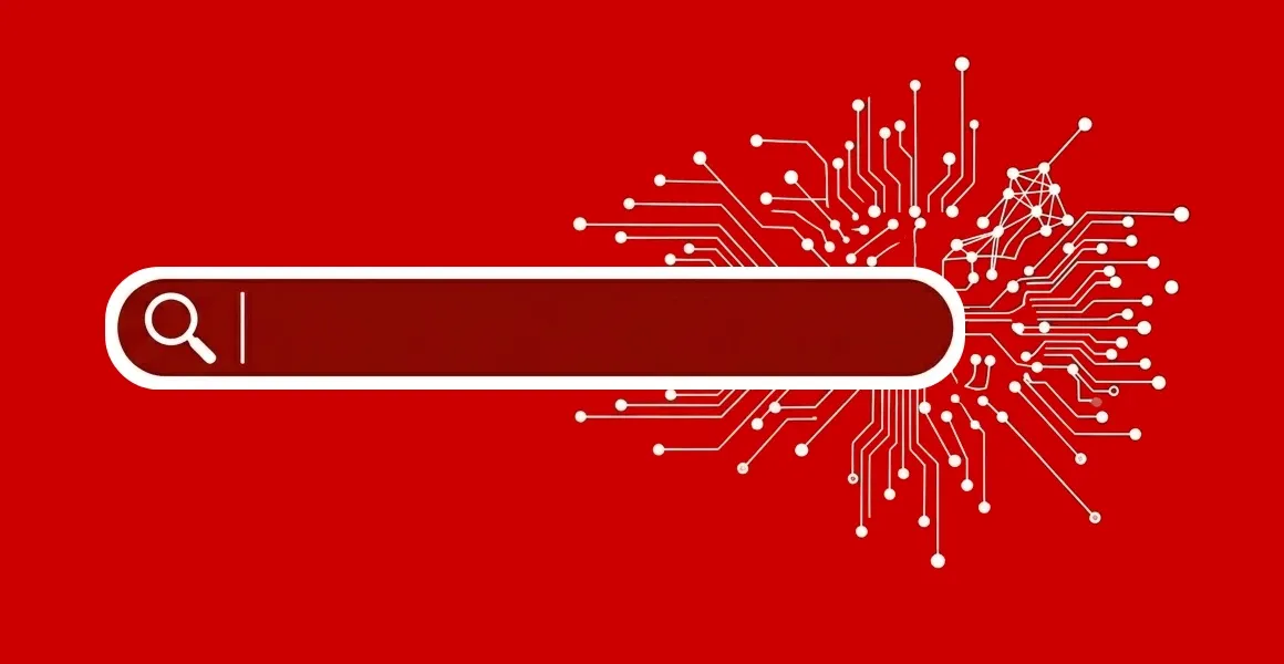 A search bar with a magnifing glass icon to the left. To the right of the bar is a visualisation of a complex network of connections.